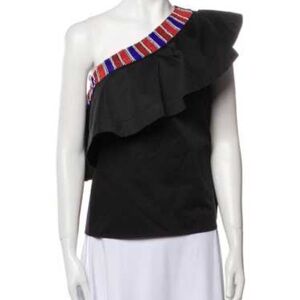 Saloni Esme One-Shoulder Ruffle Top with Beaded Detail